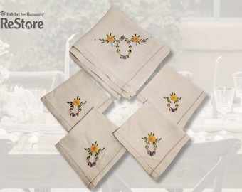 Hand embroidered floral linen napkins and tablecloth