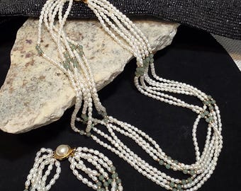 6 Strand Freshwater Pearl and Jade necklace and bracelet set