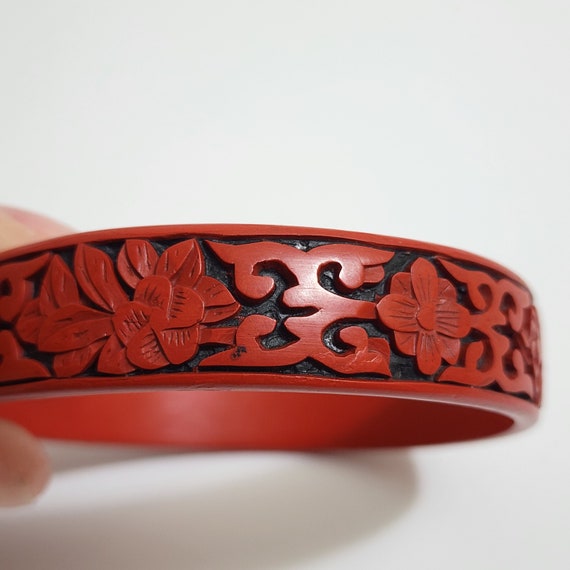 Chinese Wood Carved red Cinnabar Bangle Bracelet … - image 6