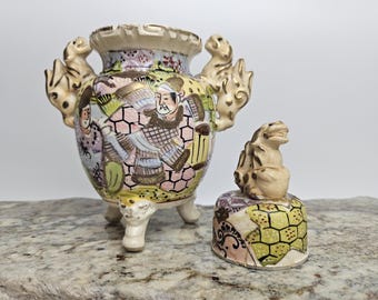 Antique Japanese Satsuma Tripod Lidded Censer Lot Signed