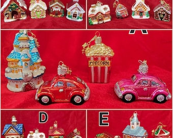 May include: Assortment of Christmas ornaments featuring a variety of themes, including houses, cars, and a popcorn container. The ornaments are made of glass and have a variety of colors and designs.
