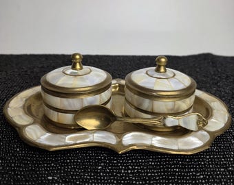 Vintage Hand Wrought Brass & Mother Of Pearl serving set.