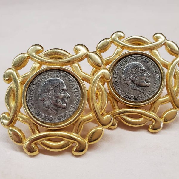 Paolo Gucci Gold Pewter Medallion Clip On Earrings