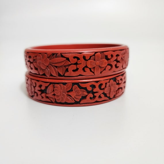 Chinese Wood Carved red Cinnabar Bangle Bracelet … - image 4