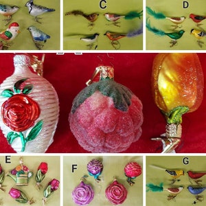 May include: Assortment of glass Christmas ornaments featuring a variety of designs, including birds, roses, and a raspberry. The ornaments are all hand-painted and have a vintage look.