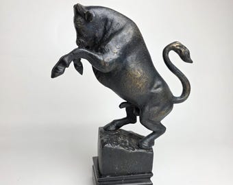 RARE Rearing Bull Cast Iron on Marble Statue