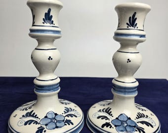 Pair signed Delft candlesticks