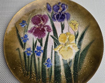 Signed Margaret Ratcliff Enamel over Copper floral plate 9"