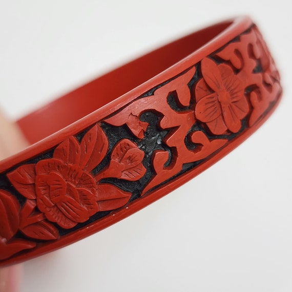 Chinese Wood Carved red Cinnabar Bangle Bracelet … - image 7