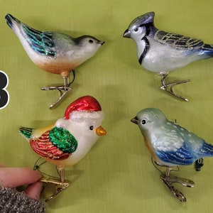 May include: Four glass bird ornaments with silver clips. The birds are a blue jay, a bluebird, a chickadee, and a robin wearing a Santa hat.