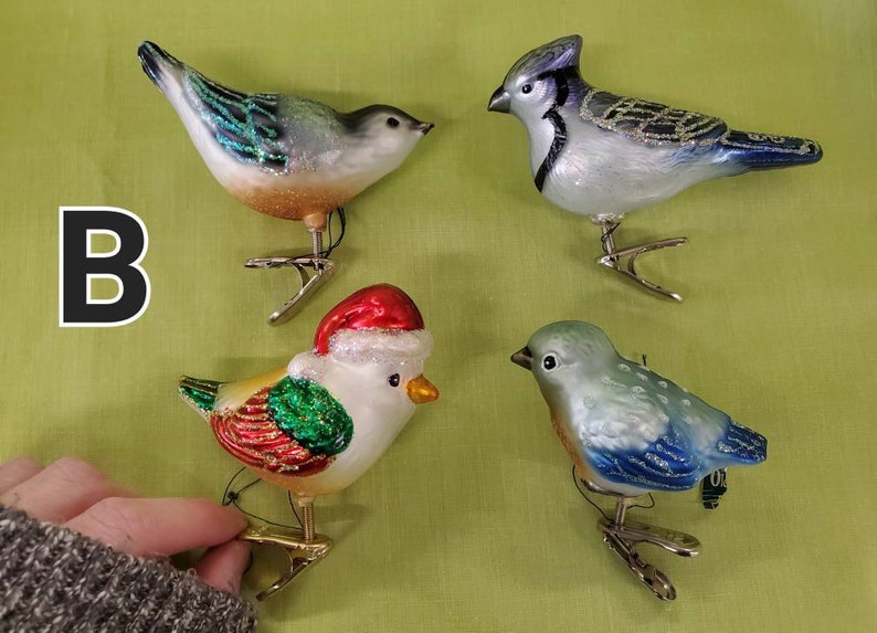 May include: Four glass bird ornaments with silver clips. The birds are a blue jay, a bluebird, a chickadee, and a robin wearing a Santa hat.