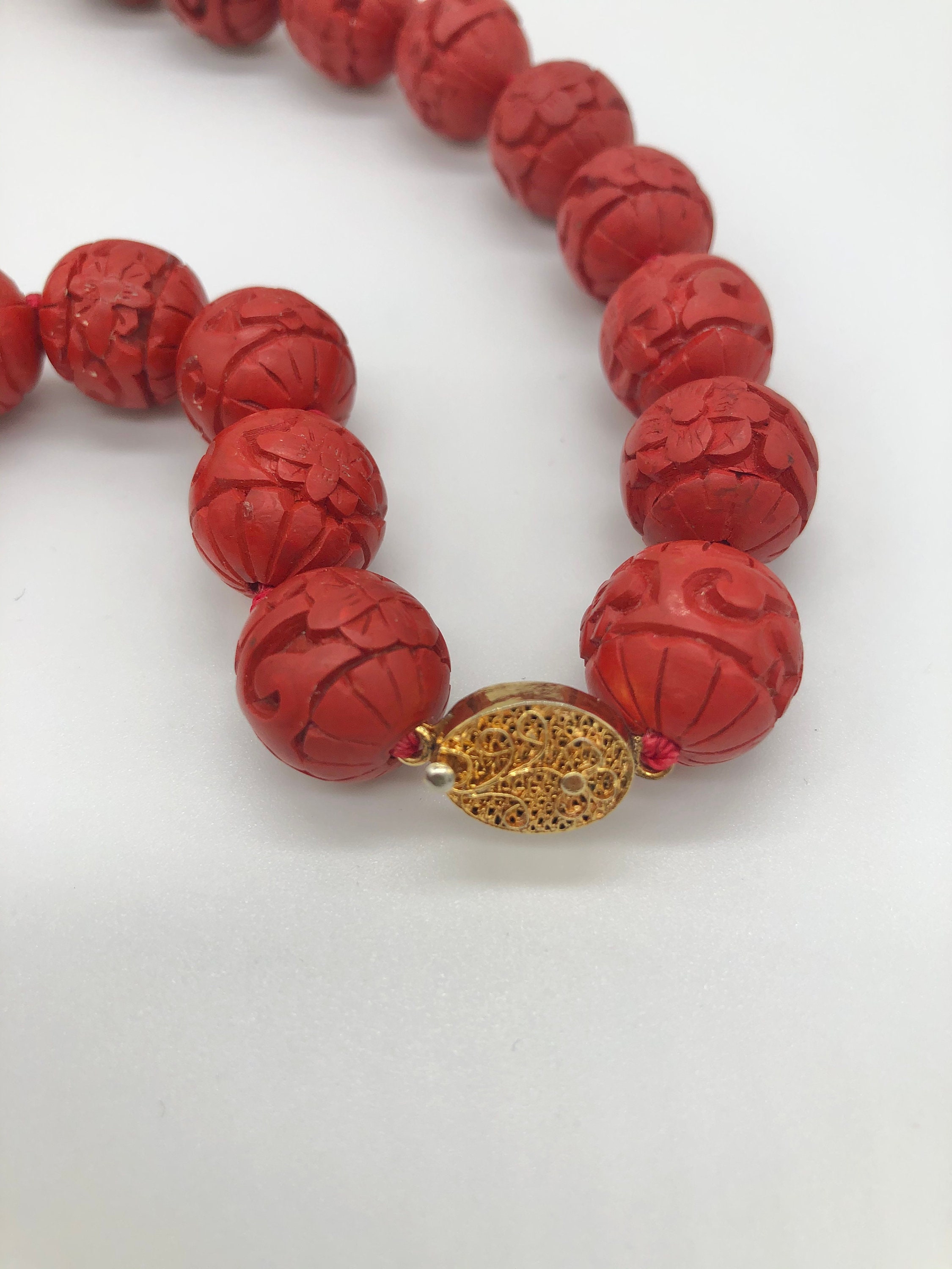 Carved Chinese Cinnabar Lacquer Red Bead Necklace and