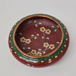 Chinese Red Enamel Cloisonné & Brass Bowl Flowers Chrysanthemum