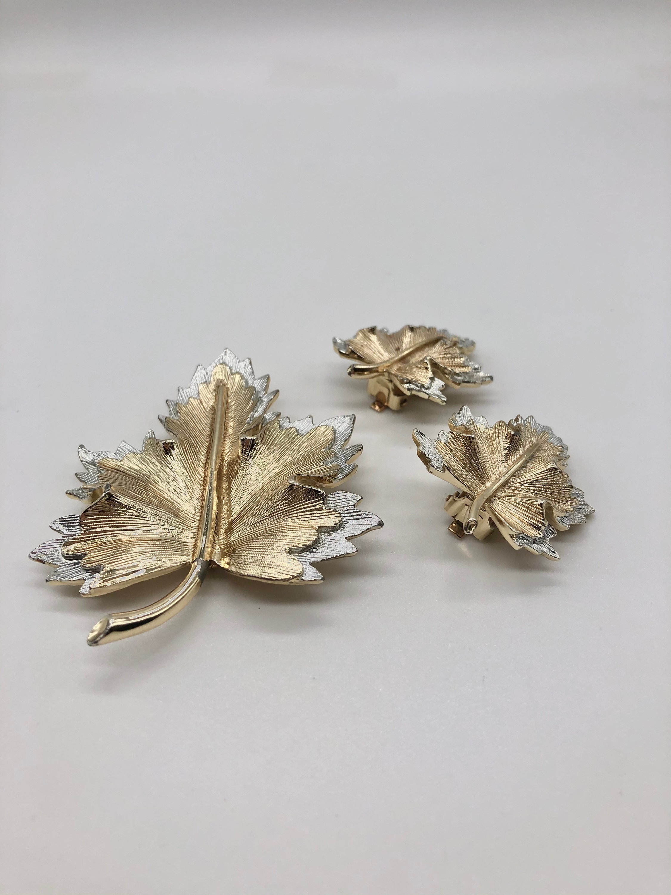Leaf Brooch and Clip on Earring Set Sarah Coventry Gold/silver - Etsy