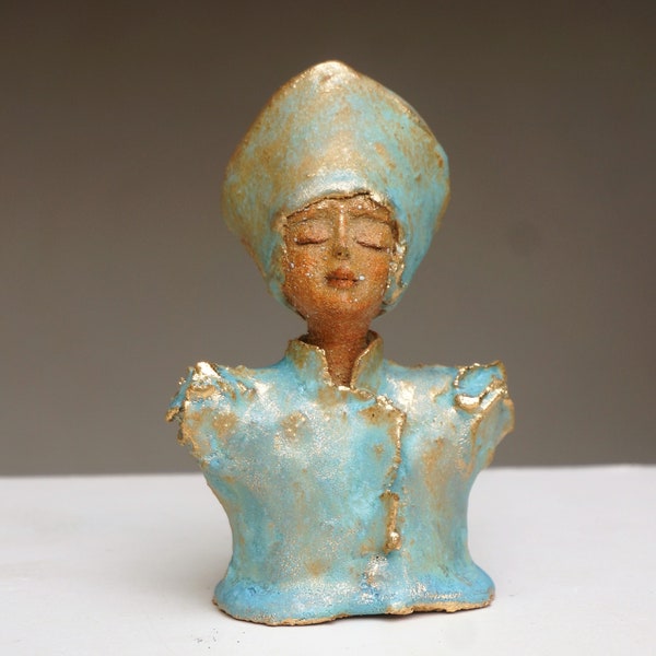 Sculpture céramique d'art, " blue" Petit buste de grès émaillé pièce unique signée