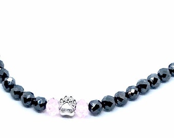 Magnetic Therapy Pet Collar for your dog or cat, triple strength magnetic therapy beads for arthritis, pet paw charm, pink crystals
