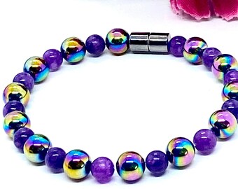 Rainbow Magnetic Hematite Bracelet or Anklet with Amethyst, Green Jade or Rose Quartz beads. Birthday gift for mom, wife