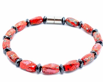 Red Picasso Magnetic Bracelet, Birthday Gift, Hand painted beads, gift for her, red bead bracelet, strong magnet clasp.