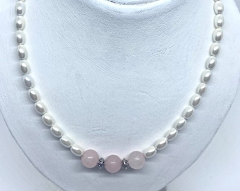 Magnetic dainty white Pearl and Rose Quartz Necklace.  Gift for mom.  Choose choker length or longer style.  Magnetic energy necklace.