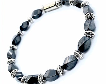 Magnetic Black Hematite Bracelet with Silver Beads, gift for mom, dainty bracelet, anklet or bracelet, strong magnet clasp, magnetic therapy