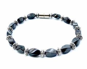 Magnetic Healing Black Hematite Bracelet with Silver Beads, use for arthritis, pain, circulation, increased energy and balance, gift for mom