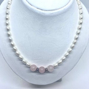 Magnetic dainty white Pearl and Rose Quartz Necklace. Gift for mom. Choose choker length or longer style. Magnetic energy necklace. image 1