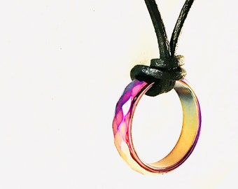 Ring Charm Necklace, Hematite Rainbow Ring Necklace, Leather Cord Necklace, Hematite Gemstone Necklace, gay pride gift