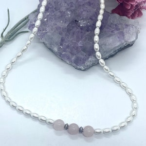 Magnetic dainty white Pearl and Rose Quartz Necklace. Gift for mom. Choose choker length or longer style. Magnetic energy necklace. image 5