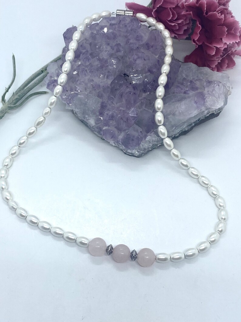 Magnetic dainty white Pearl and Rose Quartz Necklace. Gift for mom. Choose choker length or longer style. Magnetic energy necklace. image 5