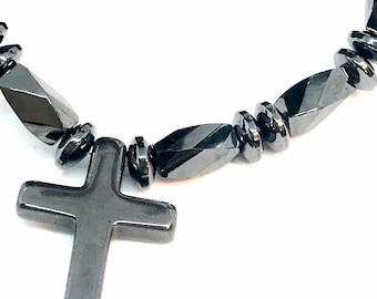 Religious magnetic necklace, black hematite beads with black Onyx cross, black bead necklace, strong magnet clasp