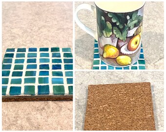 Tile Glass Coasters, Housewarming Gift, Handmade Drink Coasters, Square coasters, Gift for her, Blue and Green Coasters, Beachy coasters