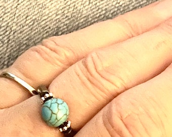 Magnetic Turquoise Hematite bead stacking ring, stretch ring, gift for mom, blue gemstone ring, black polished beads