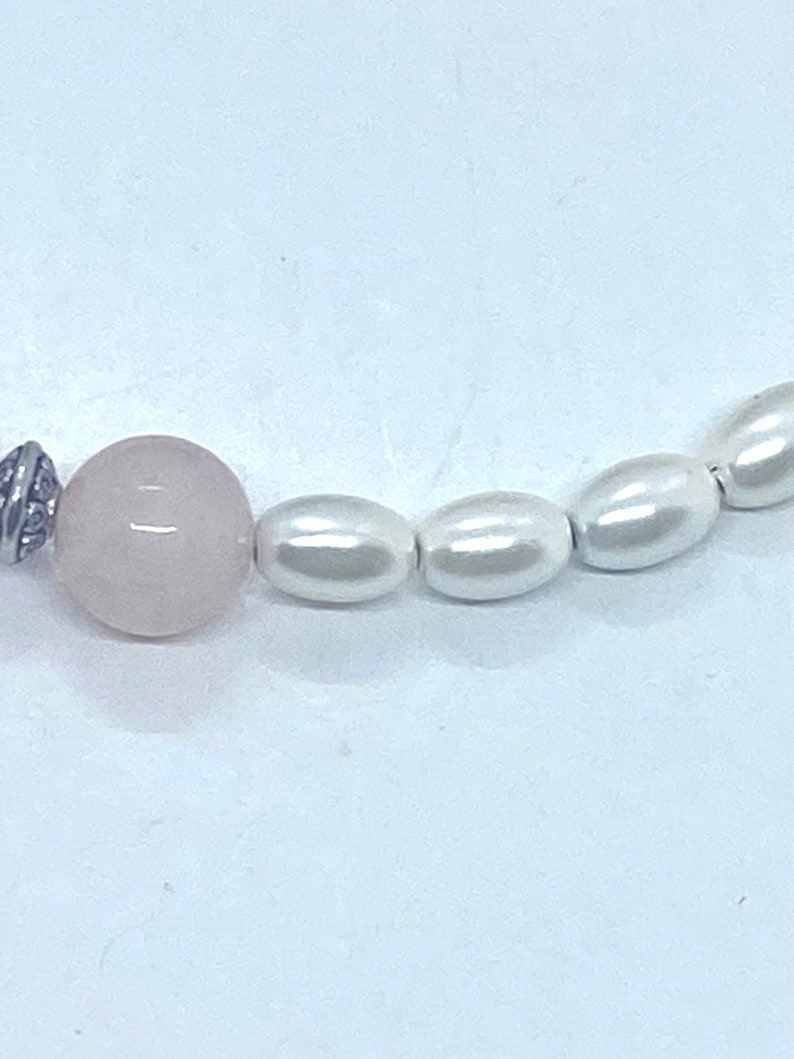 Magnetic dainty white Pearl and Rose Quartz Necklace. Gift for mom. Choose choker length or longer style. Magnetic energy necklace. image 2