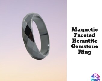 Size 12 Faceted Magnetic Natural Stone Ring, 4mm wide Black Hematite, stackable band, ring for men & women,