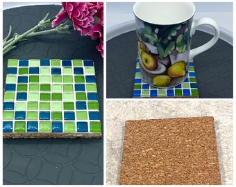 Tile Glass Coasters, Housewarming Gift, Handmade Drink Coasters, Square coasters, Gift for her, Blue and green Coasters, Set of 2 Coasters