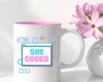 She Codes Coffee Mug – 11 oz White Mug with Pink Interior – Blue and Pink Color Palette – Perfect Gift for Women in Tech