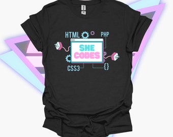 She Codes Black Graphic T-Shirt for Women – Programming Graphic Tee – Perfect for Women in Tech - Coder Shirt for Girls - Female Engineers