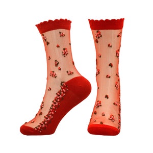 DISPATCH FROM CANADA Beautiful Scalloped Floral Embroidered Transparent Ladies Summer Dress Socks | Sheer Flower Patterned Fashion Sock