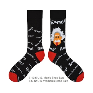 May include: Black socks with red heels and toes, patterned with equations and a cartoon Einstein with the formula E=mc². Available in men's and women's sizes.