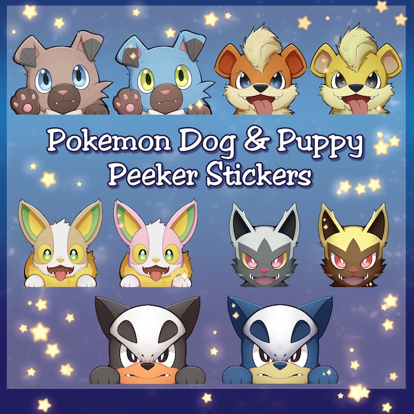 Poke Dog Inspired Peeker Stickers - Shiny and Regular 4" - Houndour, Yamper, Growlithe, Rockruff, Poochyena