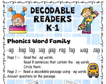 Decodable Readers- Phonics Word Family -ag Praxis Arbeitsblätter