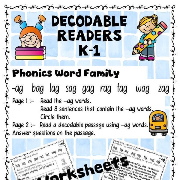 Decodable Readers- Phonics Word Family -ag Practice Worksheets