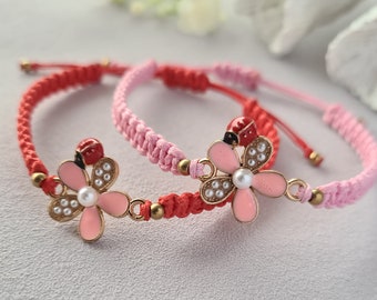 Macramé Bracelet, Woven Bracelet, Knotted Bracelet, Flowers and Ladybugs