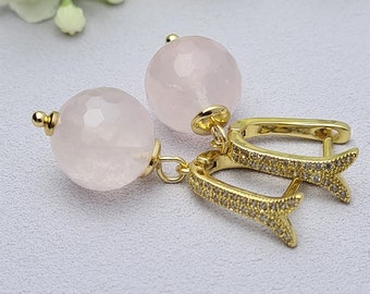 Rose quartz beads, earrings