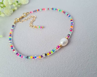 Colorful anklet with real freshwater pearl