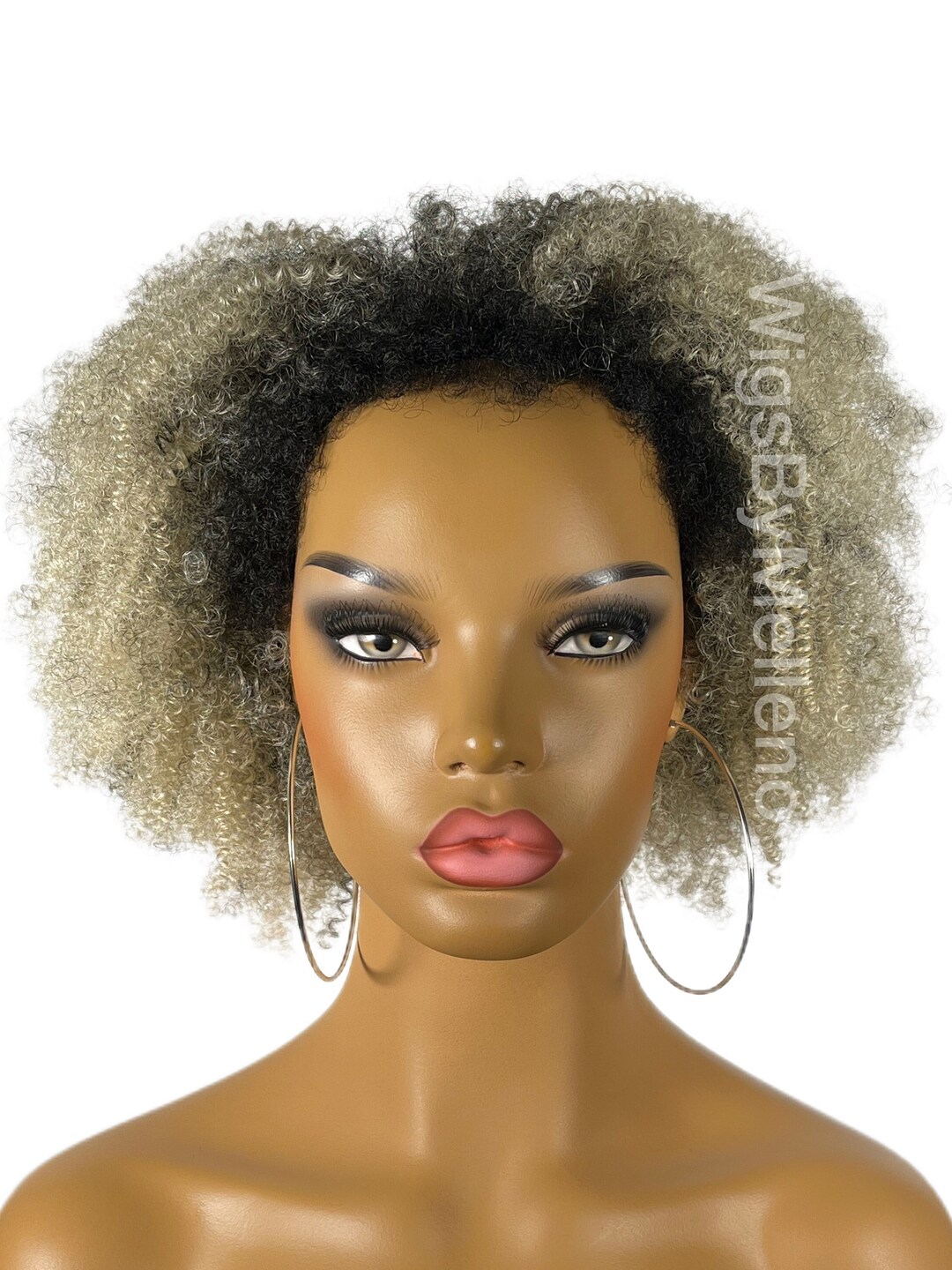 Light Blonde and Black Afro Wig, Tight Curls Wig, 710 Inches, Afro Curly, Synthetic Afro Wig
