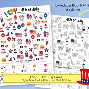 May include: A printable I Spy game for kids featuring a 4th of July theme. The game includes a color version and a black and white version for coloring. The image shows a grid of various 4th of July themed images, including fireworks, stars, flags, hot dogs, ice cream cones, and cupcakes.
