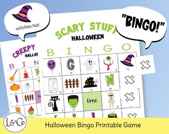 May include: A printable Halloween bingo game with a green and black color scheme. The game board features various Halloween icons, including a ghost, a witch's hat, a pumpkin, a black cat, a Frankenstein monster, a cauldron, and a skeleton. The game also includes a free space and a call sheet with the text "Creepy Hallo!"