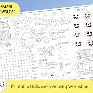 Halloween Activity Worksheet for Kids, Printable Halloween Party Game, Halloween Worksheet for Kids, Halloween Coloring Placemat