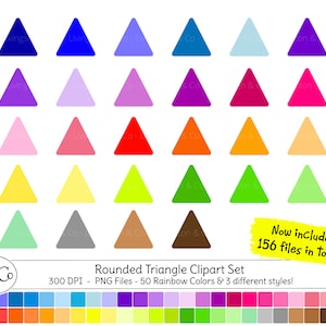 May include: A set of 50 rounded triangle clipart images in various rainbow colors. The triangles are in three different styles: solid, outlined, and with a white outline. The image includes a color palette of all the colors used in the clipart set.